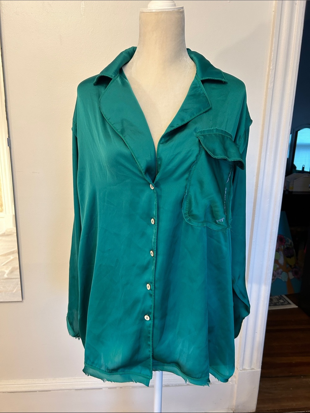 Emerald Satin Button-Front Blouse - Women
